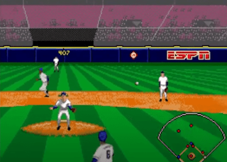 Baseball game showing all the players with blue hats on and blue arm shelves and white on the rest of there clothing andshows different shades of green colour on the ground and also two parts of showing sand here and also the bass has being hit by the player using the baseball bat and shows at the back ESPN and 407 as like advertisment area and purple colourdd window with like fans showing up as like black and white dots meant to represent fans of the sport