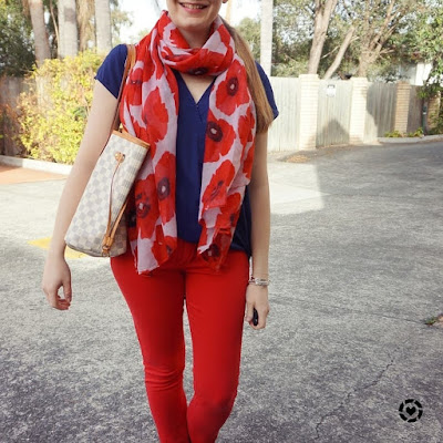 awayfromblue instagram | red poppy print scarf navy wrap top and skinny jeans lv neverfull SAHM outfit