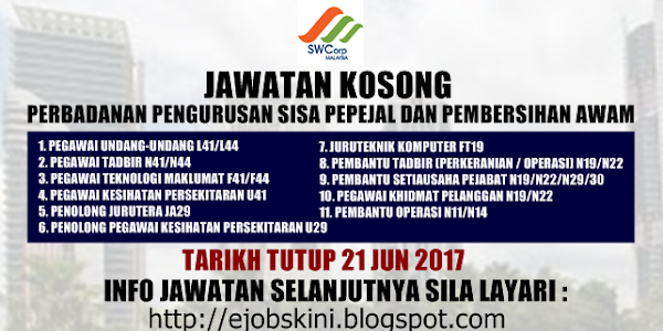 Jawatan Kosong Perbadanan Pengurusan Sisa Pepejal dan Pembersihan Awam (SWCORP) - 21 Jun 2017