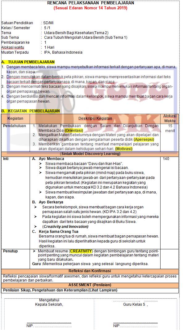 Rpp Tematik Kelas 5 Semester 1 Tema 2 Udara Bersih Bagi Kesehatan Kurkulum 2013 Revisi 2020 Format Satu Lembar Guru Baik