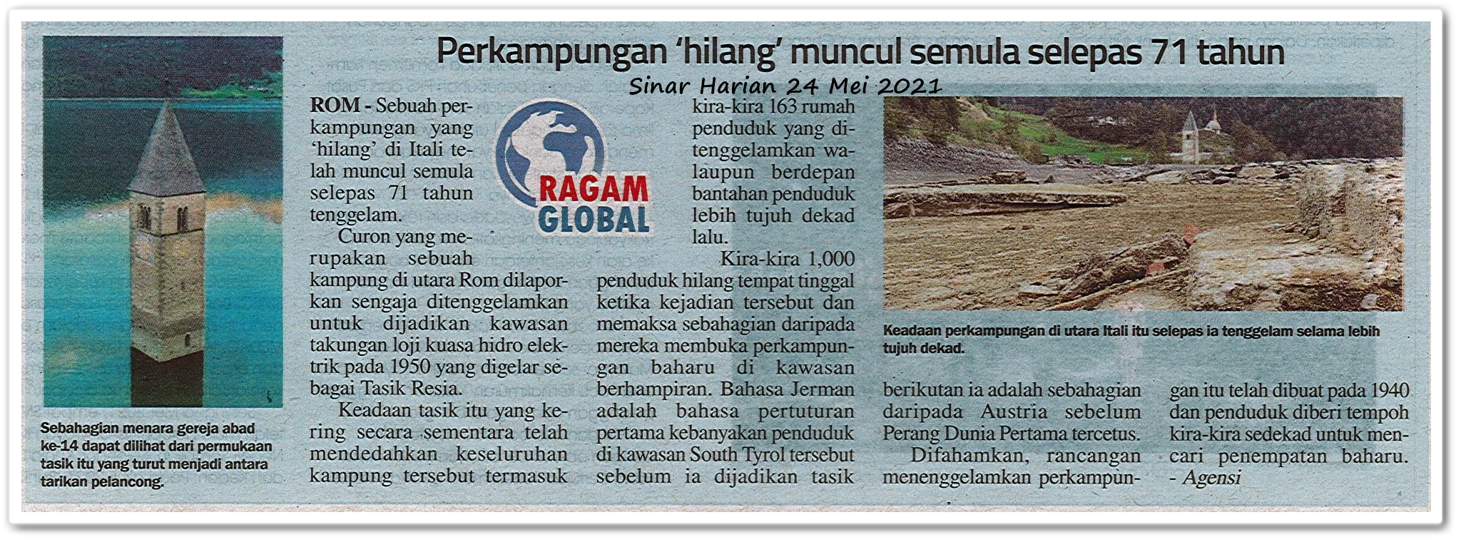 Perkampungan 'hilang' muncul semula selepas 71 tahun - Keratan akhbar Sinar Harian 24 April 2021