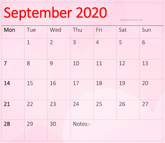 Free printable September 2020 Calendar