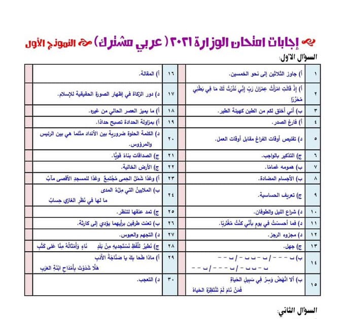 اجابات امتحان الوزارة 2021 اللغة العربية - منقول