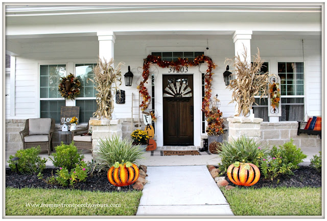 Fall Porch Decorations-Metal Pumpkins-Corn Stalks-Front Porch-Farmhouse-From My Front Porch To yours