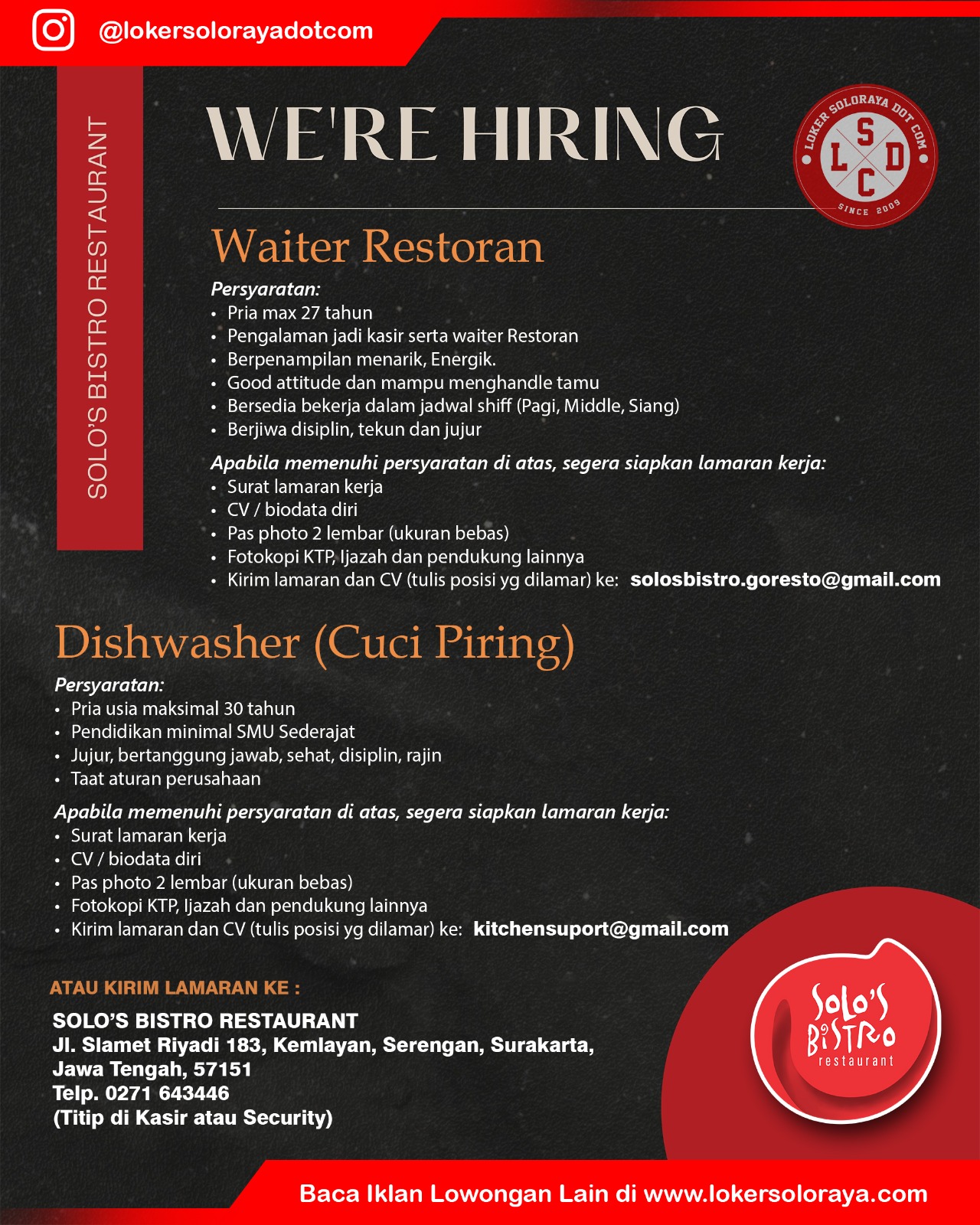 Loker Solo's Bistro Restaurant Terbaru Juni 2024