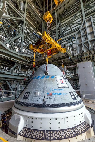 Inside the Vertical Integration Facility at Cape Canaveral Space Force Station's SLC-41 in Florida, Boeing's Starliner capsule (named 'Calypso' by NASA astronaut and Crew Flight Test pilot Sunita Williams) is mated to United Launch Alliance's Atlas V rocket...on April 16, 2024.