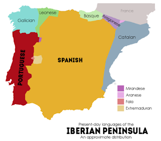 A map showing present-day languages of the Iberian Peninsula. Portugal is shown speaking predominantly Portuguese and Galician. Spain is shown speaking predominantly Spanish, with areas dedicated to Leonese, Basque, Aragonese, and Catalan; and smaller pockets speaking Mirandese, Aranese, Fala, and Extremaduran.