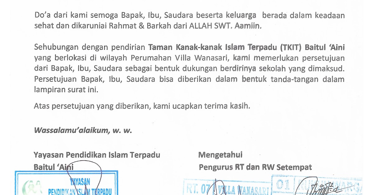 TKIT-TPQ BAITUL 'AINI: Contoh Format Persetujuan Warga 