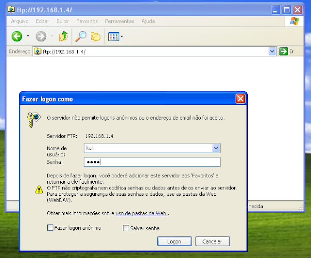 Figura 15: acessar servidor ftp pelo explorer do windows xp
