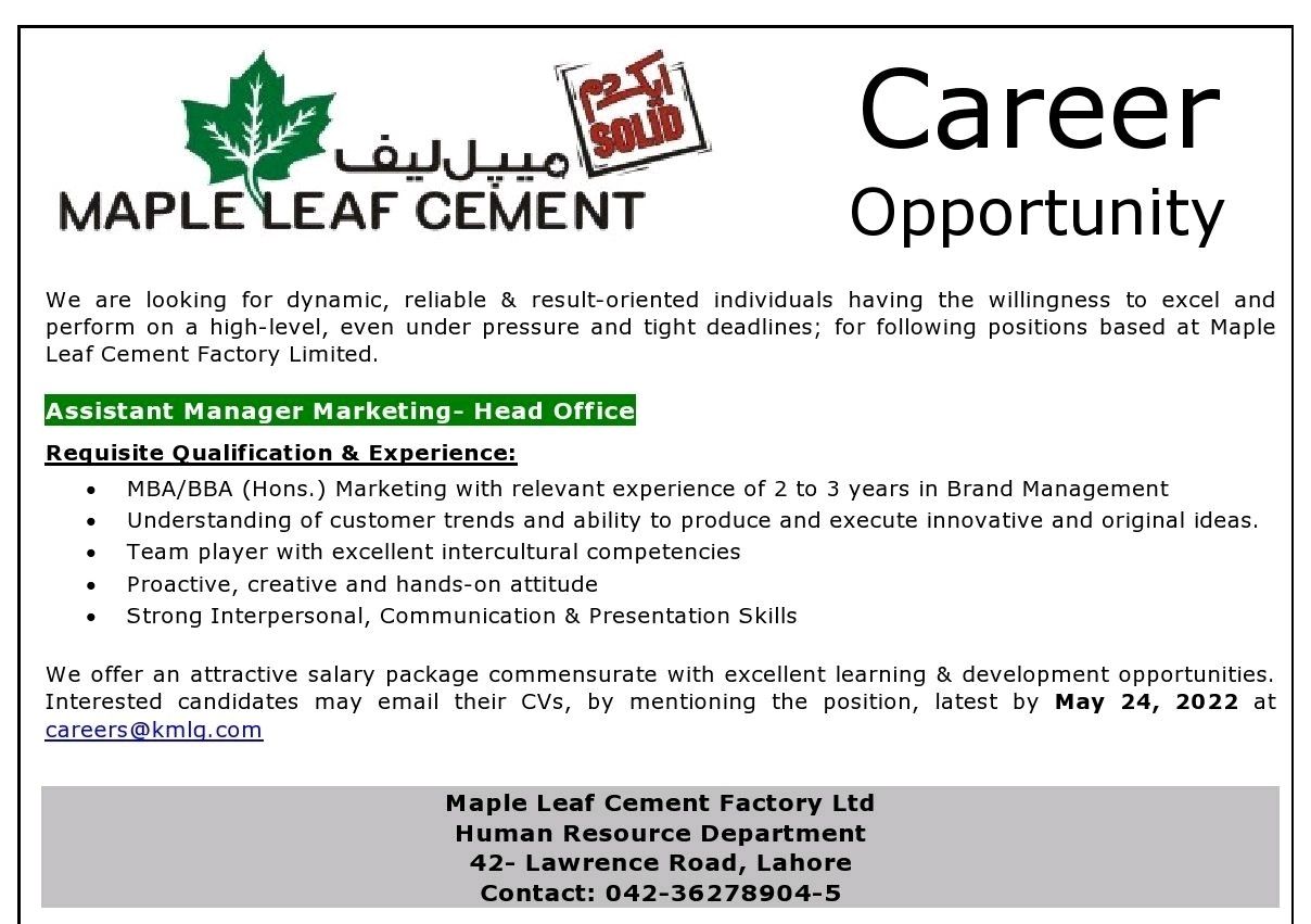 Maple Leaf Cement Factory Limited Jobs MAY 2022