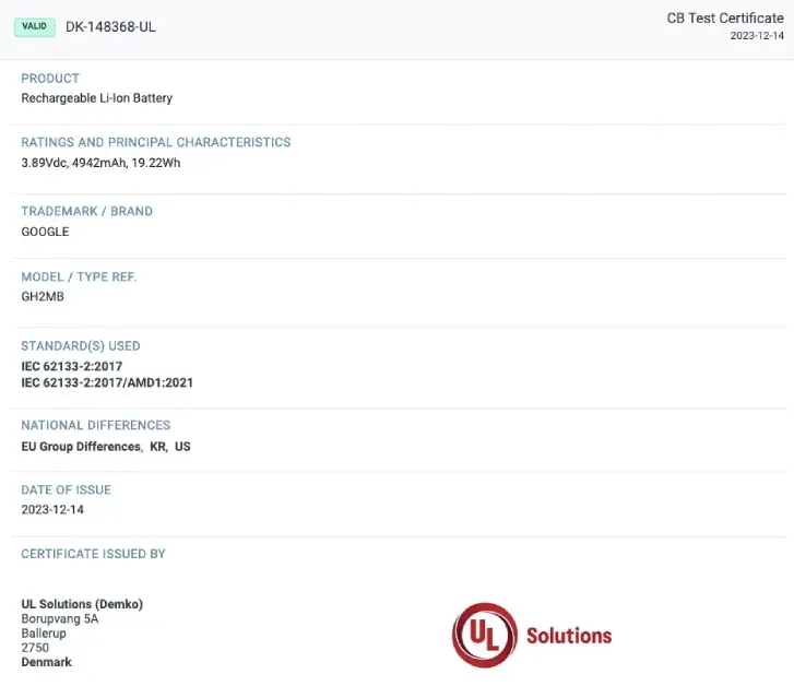 unidentified Google smartphone, bearing the model number GH2MB, has been sighted on the UL Demko certification website