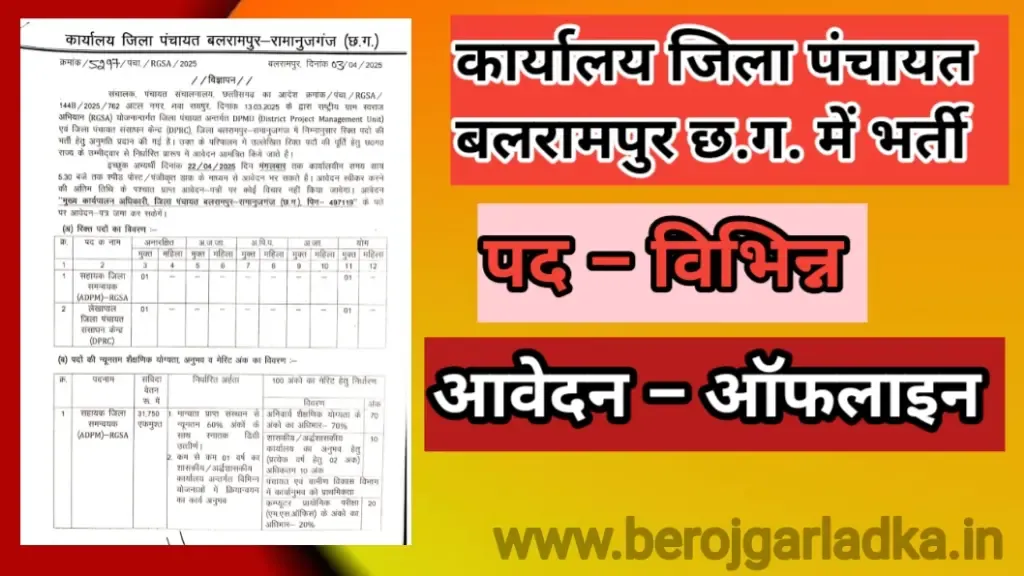 Karyalay Jila Panchayat Balrampur Ramanujganj Vacancy 2025 : कार्यालय जिला पंचायत बलरामपुर रामानुजगंज छ.ग. में सहायक जिला समन्वयक सहित विभिन्न पदों पर भर्ती।