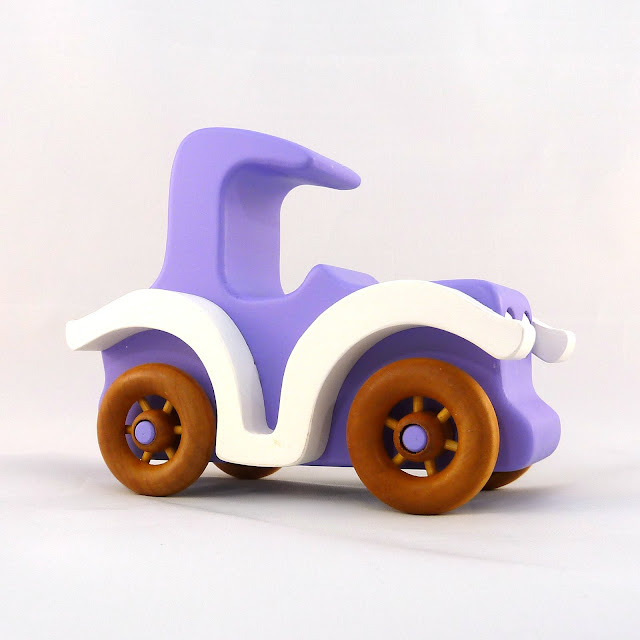 Hand Made Wood Toy Car, Vintage Style Coupe Handmade and Finished with Purple and White Acrylic Paint, and Amber Shellac Bad Bob's Custom Motors