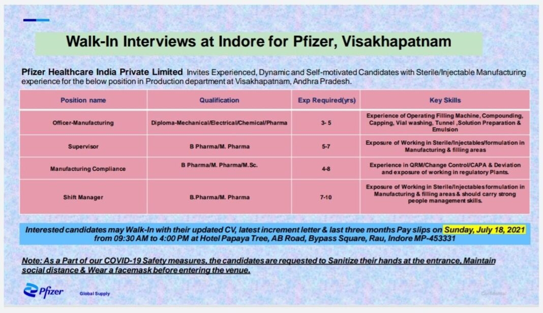Job Availables, Pfizer Healthcare Ltd Walk-In Interviews for Officer/ Supervisor/ Compliance/ Shift Manager - Manufacturing