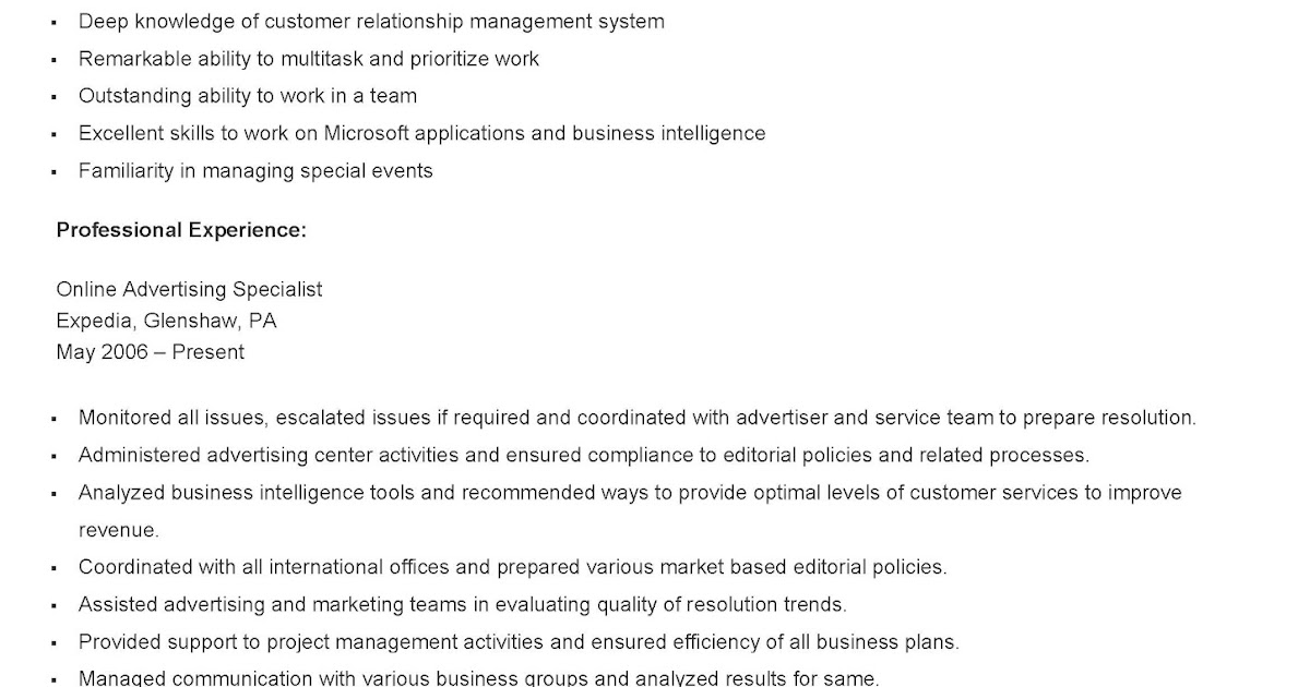 Resume Samples: Sample Online Advertising Specialist Resume