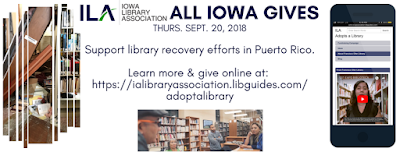 Facebook cover-style image encouraging participation in ALL IOWA GIVES via https://ialibraryassociation.libguides.com/adoptalibrary