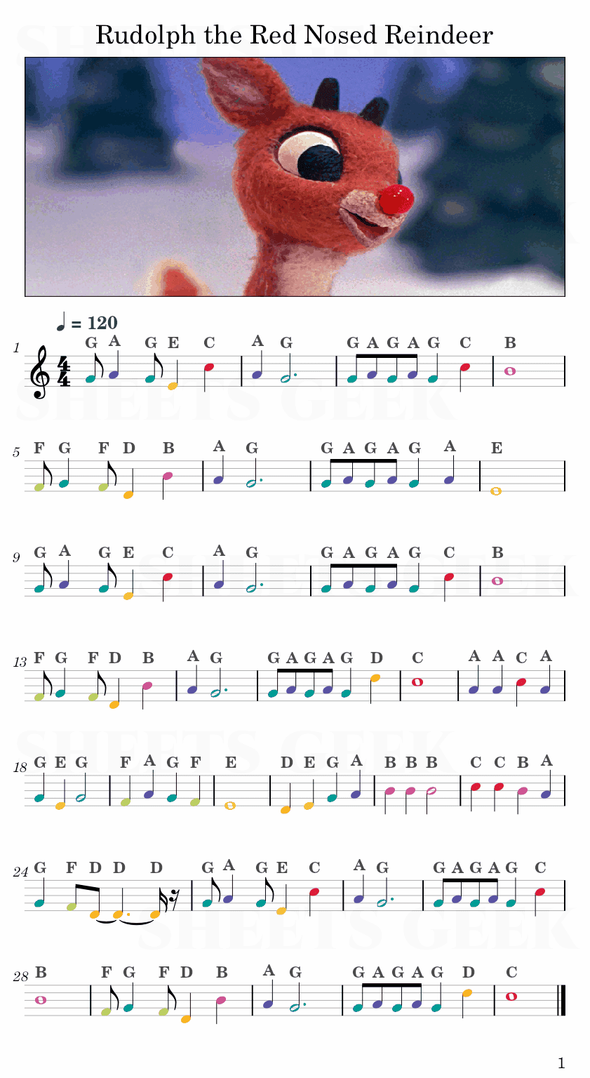 Rudolph the Red Nosed Reindeer Easy Sheet Music Free for piano, keyboard, flute, violin, sax, cello page 1