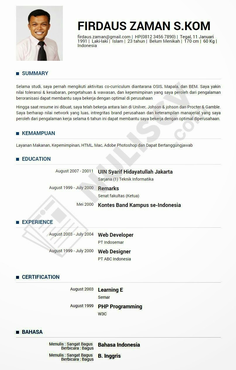 Contoh Curriculum Vitae (CV) Yang Baik dan Benar www 