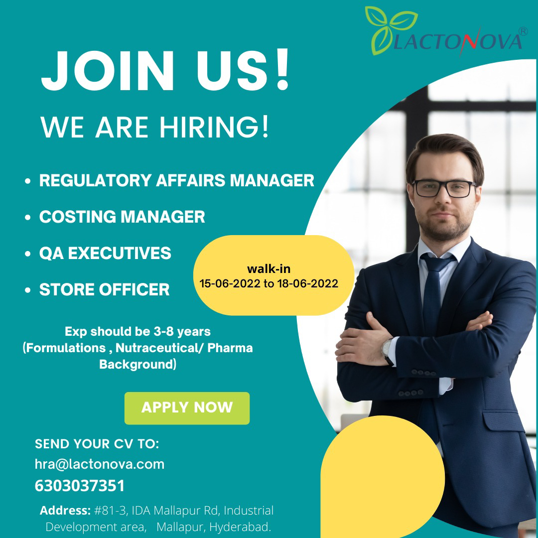 Job Available's for Lactonova Walk-In Interview for Regulatory Affairs Manager/ Costing Manager/ QA Executive