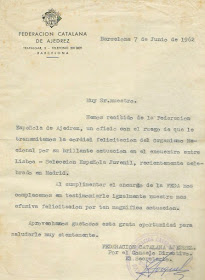 Escrito de la Federación Catalana de Ajedrez, Match Internacional de Ajedrez España-Lisboa - Madrid 1962