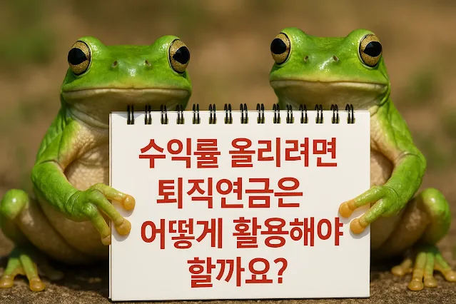 두 마리 귀여운 청개구리가 "수익률 올리려면 퇴직연금은 어떻게 활용해야 할까요?"라는 빨간 글씨가 적힌 스케치북을 들고 있는 모습.