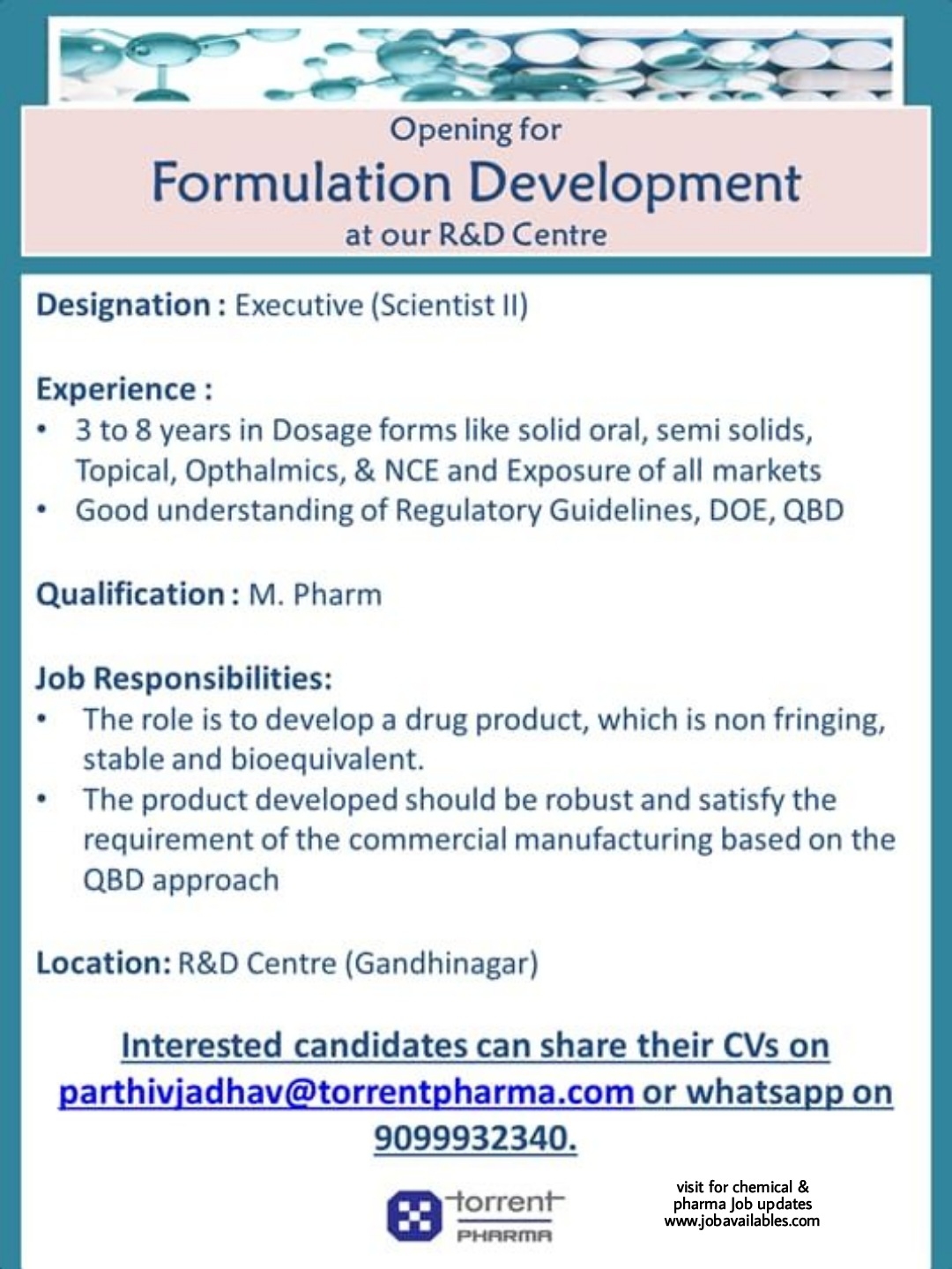 Job Availables, Torrent Pharma Job Opening For M.Pharma-Formulation Development