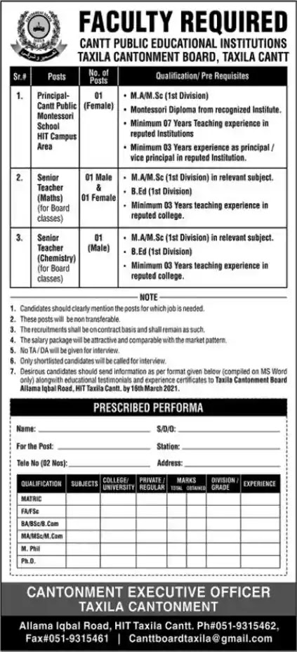 Latest Jobs in Pakistan Cantonment Public Educational Institutions Taxila Jobs 2021