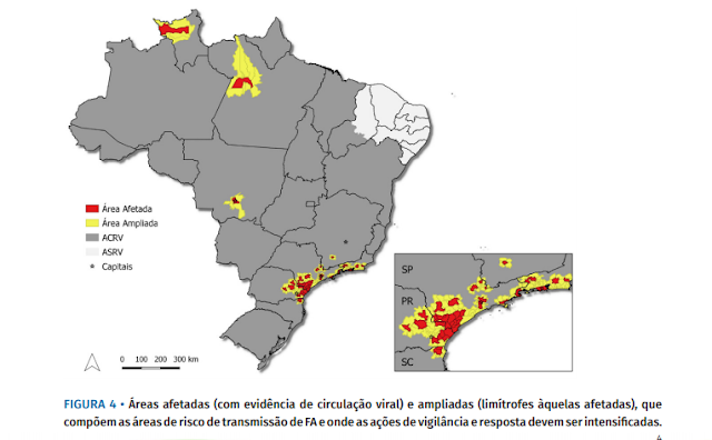 FIGURA 4 • Áreas afetadas (com evidência de circulação viral) e ampliadas (limítrofes àquelas afetadas), que compõem as áreas de risco de transmissão de FA e onde as ações de vigilância e resposta devem ser intensificadas.