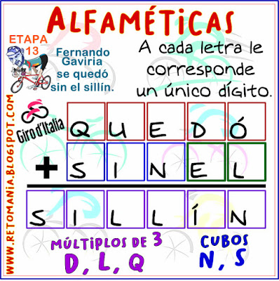 Alfamética, Criptoaritmética, Criptograma, Criptosuma, Suma de Letras, Suma de Palabras, Acertijos, Desafíos matemáticos, Retos matemáticos, Problemas matemáticos, Matemáticas y Ciclismo, Acertijos numéricos, Retos mentales