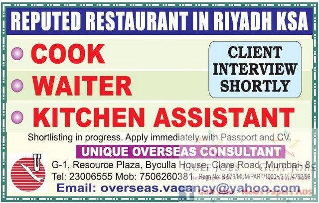 Reputed Restaurant jobs for Riyadh KSA