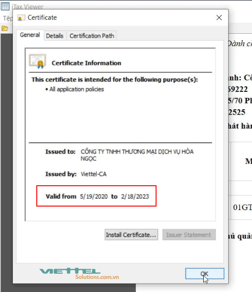 Hình 2 - Thời hạn chữ ký số Viettel trên ứng dụng Itax Viewer