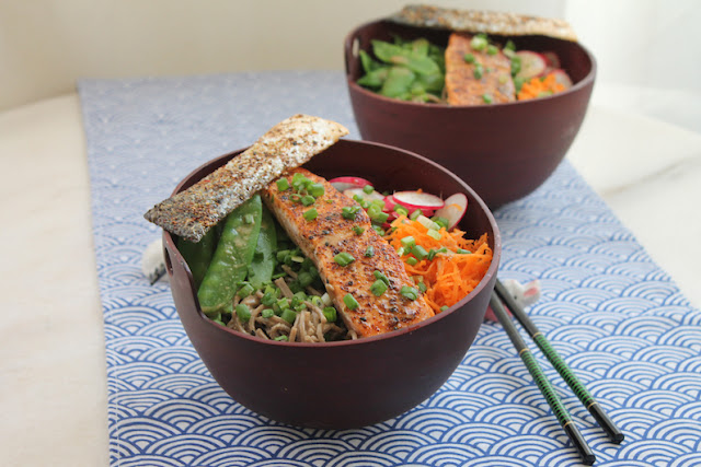 Food Lust People Love: Salmon Soba Noodle Buddha Bowls with Ginger Sesame Dressing are light, delicious and filling. Perfect for a summer dinner or packed lunch.