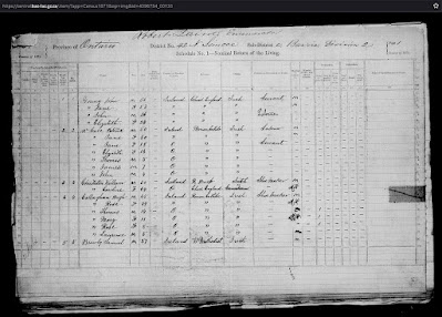 Partial screen capture of the browser view for Census of Canada, 1871 for Ontario, District Number 42, Sub-District Name Barrie, and Page Number 1.