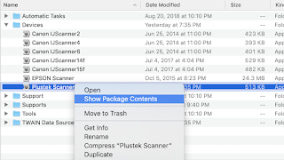 Finder window showing context menu open on the scanner package file