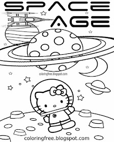 Free girls printable cartoon solar system planets space age picture easy Hello Kitty coloring sheet