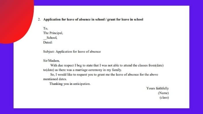 Application format for leave of absence in school english application writing