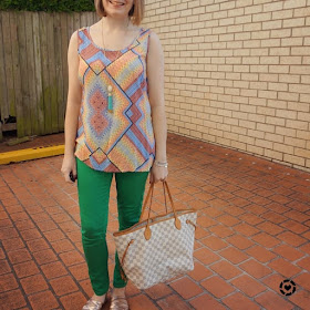 awayfromblue Instagram | colourful SAHM skinny jeans and bright printed tank neverfull tote outfit