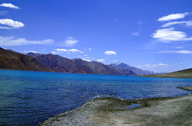 snow topped mountains behind ladakh lake