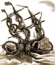 a giant squid attacking a sailing ship