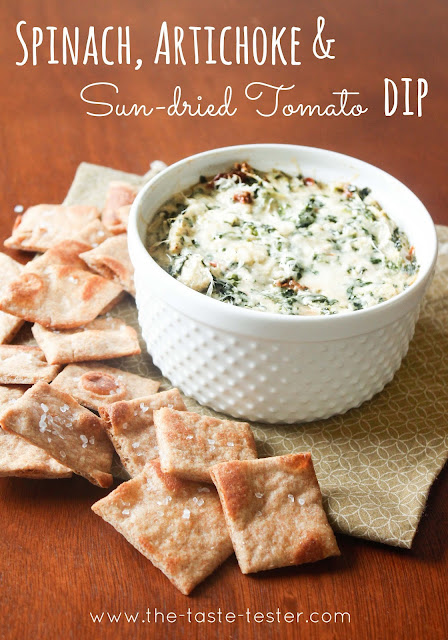 Spinach, Artichoke & Sun-dried Tomato Dip with Homemade Flatbread Chips via The Taste Tester #recipe