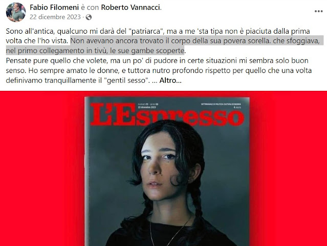 Il post di Fabio Filomeni con l'attacco sessista e di cattivissimo gusto alla sorella di Giulia Cecchettin, "rea" di indossare una gonna.