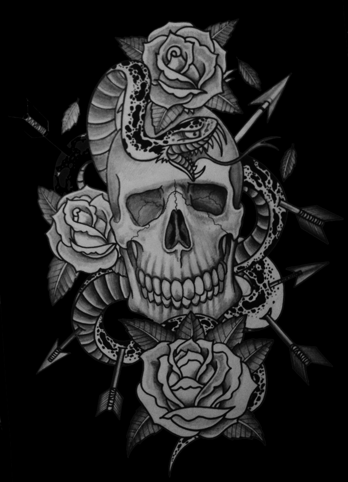 August Tattoo Flash Skull and Roses by Kasino Graphite on Acid Free Paper