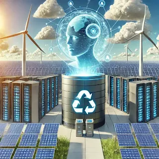 "A futuristic eco-friendly AI data center powered by solar panels and wind turbines, featuring a glowing digital human head symbolizing artificial intelligence and sustainable technology."