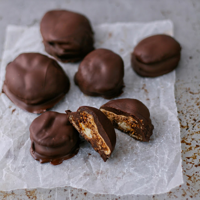 Turkish figs stuffed with orange and almond and dipped in dark chocolate. 