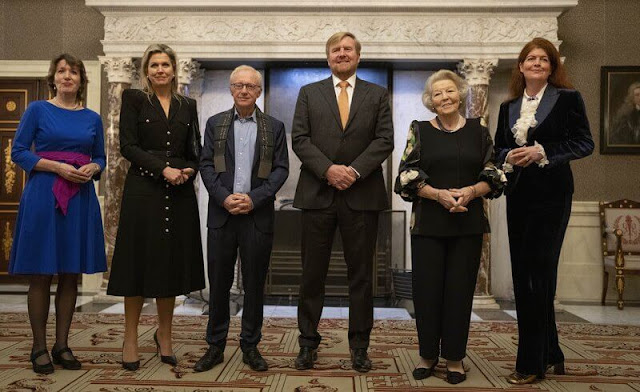King Willem-Alexander, Queen Maxima and Princess Beatrix. Queen Maxima wore a black shirt dress by Giuliva Heritage