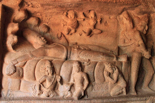 Another large carved panel inside the Mahishasura mardhini cave depicting Adisesha - Vishnu reclining on the seven hooded serpent.