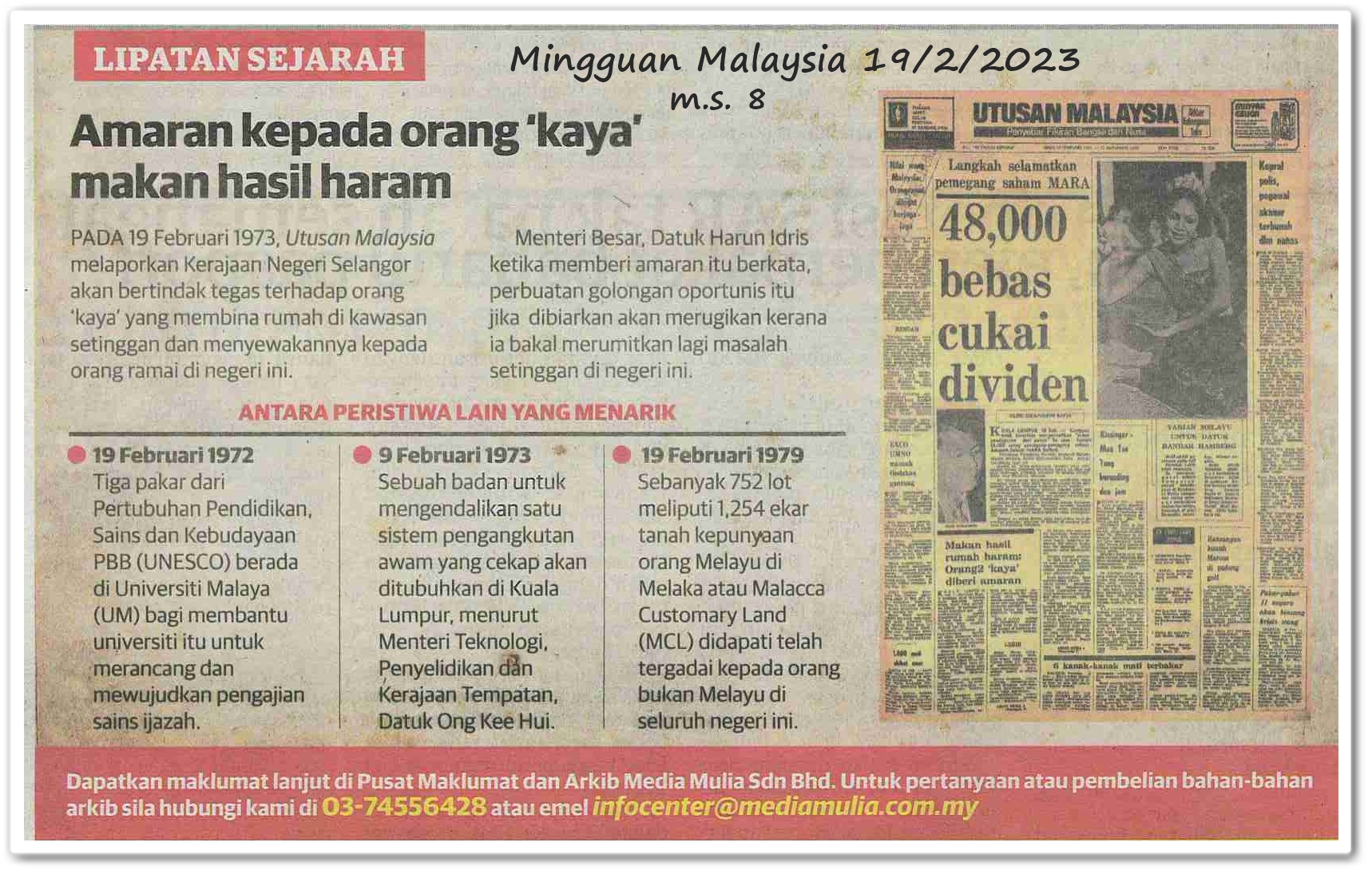 Lipatan sejarah 19 Februari - Keratan akhbar Mingguan Malaysia 19 Februari 2023