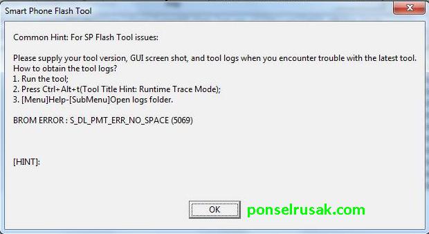 Beberapa pesan yang error saat menggunakan flashtool diantaranya s dl pmt err no space(5069)