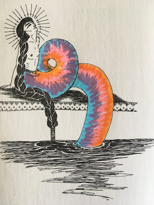 A black pen and blue, pink, and yellow highlighter drawing of a naga woman reclining on the edge of a tiled pool, with her thick braided hair trailing in the water and a halo of out-turned swords around her head. Her tail makes a single loop before descending into the pool, and shimmers with scribbly highlighter colors.