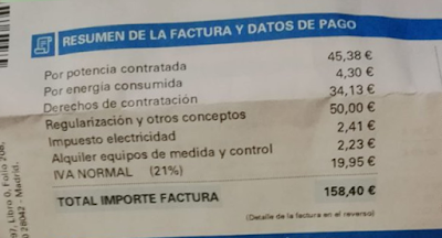 Por 4 euros de consumo, 158 euros de factura. Robo permitido 'made in Spain'.